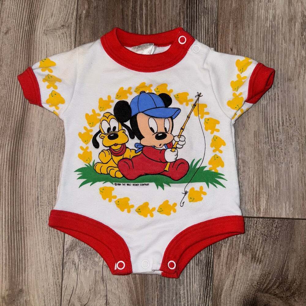 VTG Disney Babies 1984 Mickey Mouse Pluto Fishing One Piece Size 0-6 months
